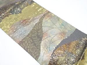 引箔　遠山に花唐草・芝草模様織り出し袋帯